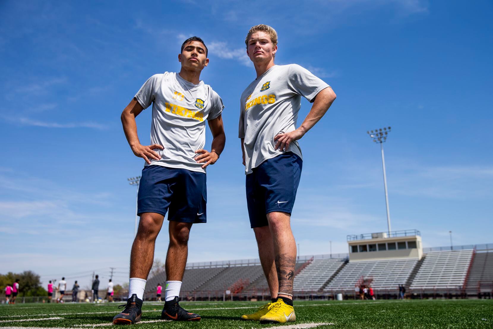 Jasub Flores, left, pose for a photograph with his teammate Austin Sparks during a soccer practice at Lamar high school in Arlington, Texas on Wednesday, March 27, 2019. (Shaban Athuman/The Dallas Morning News)