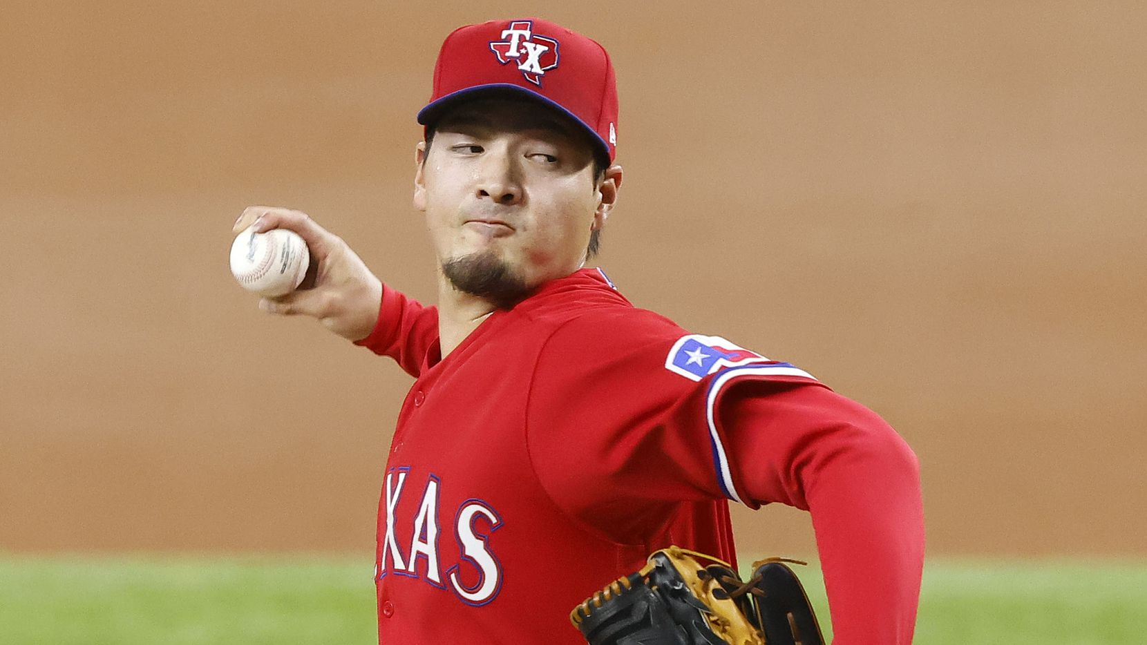 Texas Rangers starting pitcher Kohei Arihara (35) throws against the Boston Red Sox during...