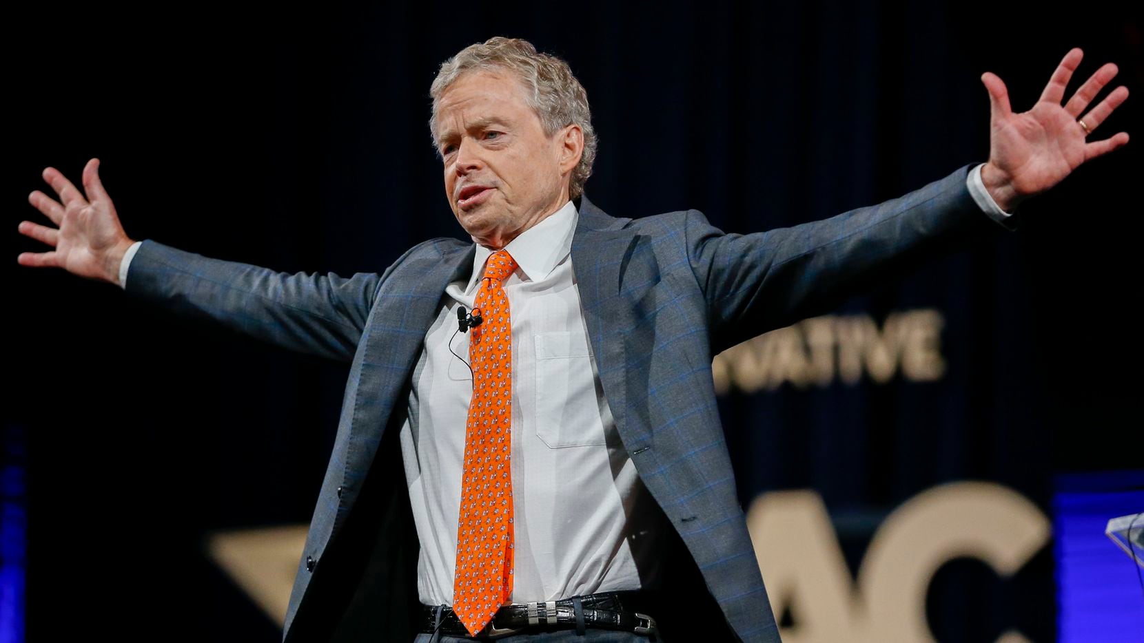 Former Texas state Sen. Don Huffines waves to the crowd after speaking at the Conservative Political Action Conference on Saturday, July 10, 2021, in Dallas. (Elias Valverde II/The Dallas Morning News)
