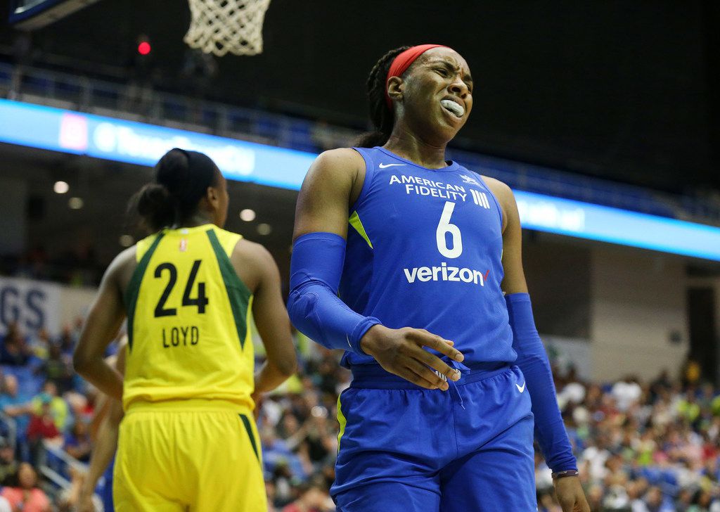 Dallas Wings forward Kayla Thornton (6) reacts after a play in the second half of a WNBA...