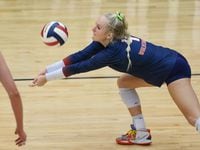 Frisco ISD’s Wakeland High School Savannah Ivie (4) volleys the ball during the second set...