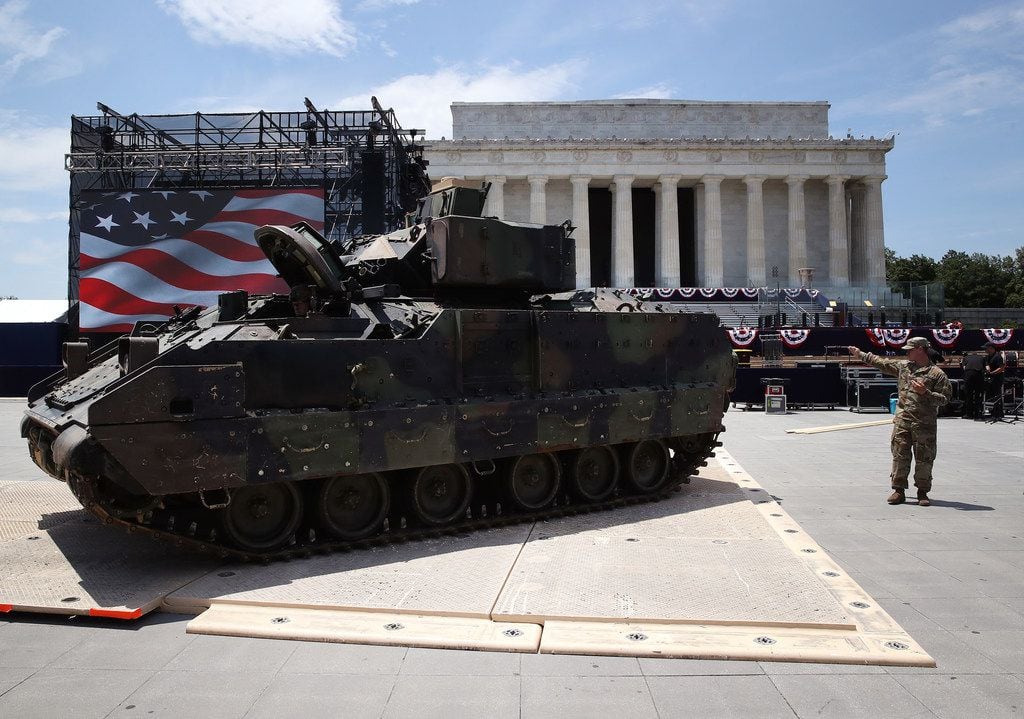 Members of the U.S. Army park an M1 Abrams tank in front of the Lincoln Memorial  ahead of...