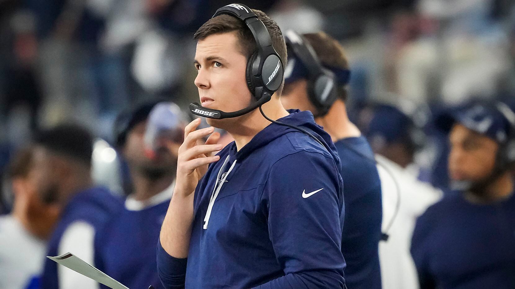 Dallas Cowboys offensive coordinator Kellen Moore watches from the sidelines during the...