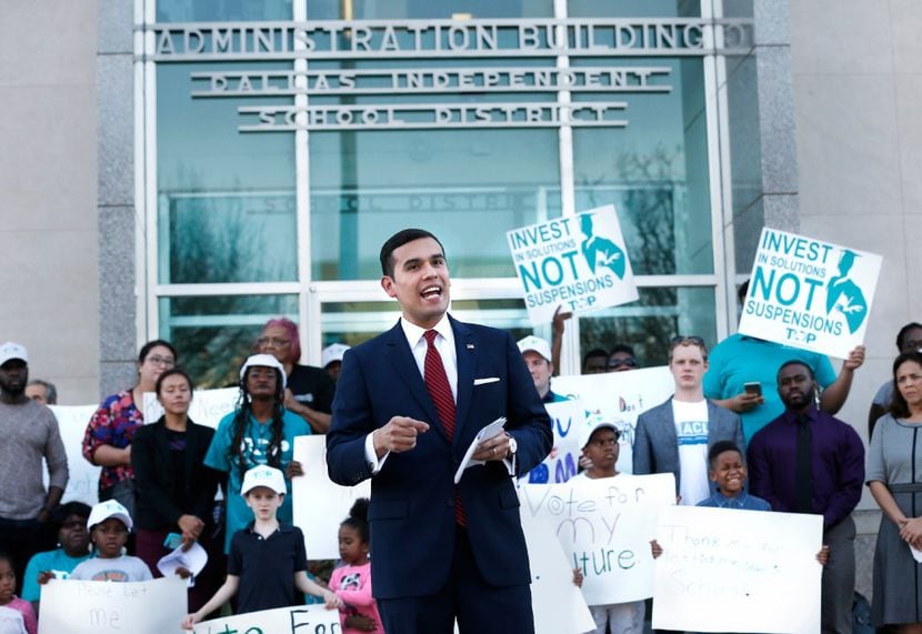 Dallas Independent School District Board member Miguel Solis speaks out against suspending...