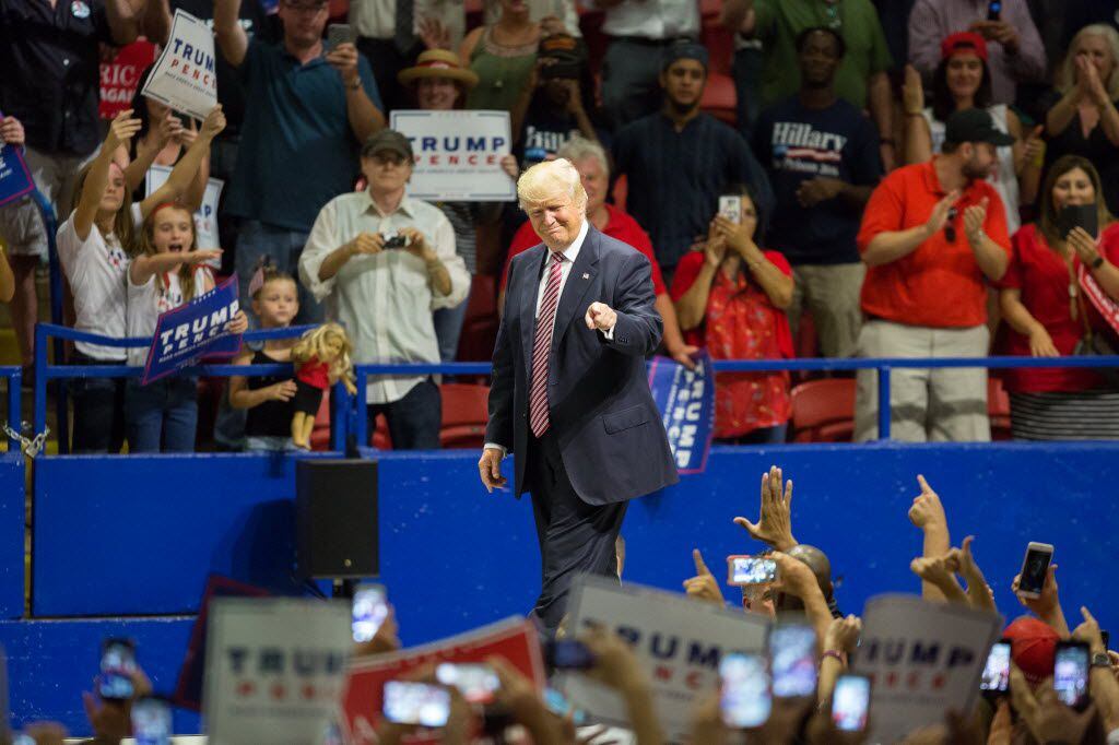 Republican Presidential candidate Donald Trump greeted supporters as he took the stage during a rally at the Travis County Exposition Center in Austin last month.