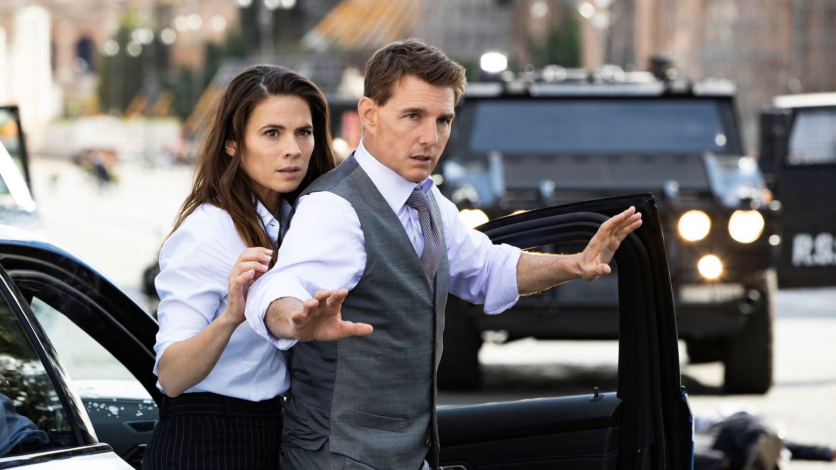 Hayley Atwell and Tom Cruise are shown in a scene from "Mission: Impossible  — Dead...