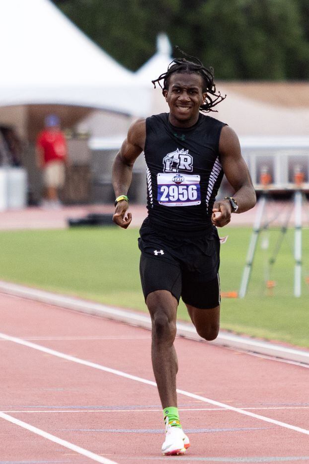 Dominic Byles of Mansfield Lake Ridge reacts after the finish in the boys’ 400-meter dash at...