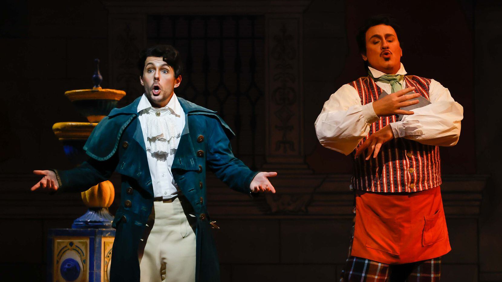 Alasdair Kent as Count Almaviva and Lucas Meachem as Figaro during a dress rehearsal of a...