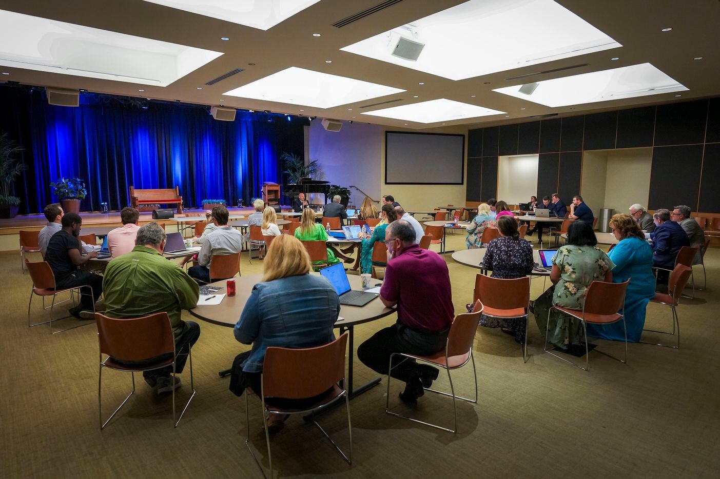 Executive pastor Ben Lovvorn leads a staff meeting at First Baptist Church of Dallas, Texas,...
