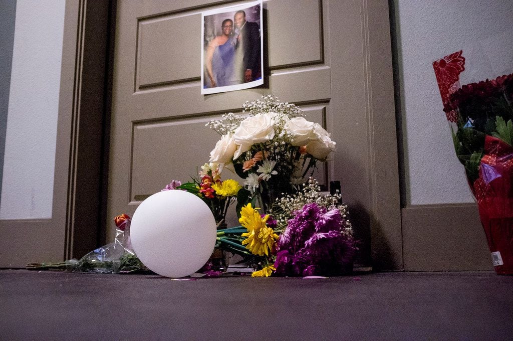 Flowers at the front door of Botham Shem Jean, who Dallas police say was shot Thursday by Amber Guyger, an off-duty police officer who mistakenly thought her apartment was his, photographed on Monday, September 10, 2018 at the South Side Flats in Dallas. Guyger was in uniform. (Shaban Athuman/ The Dallas Morning News)