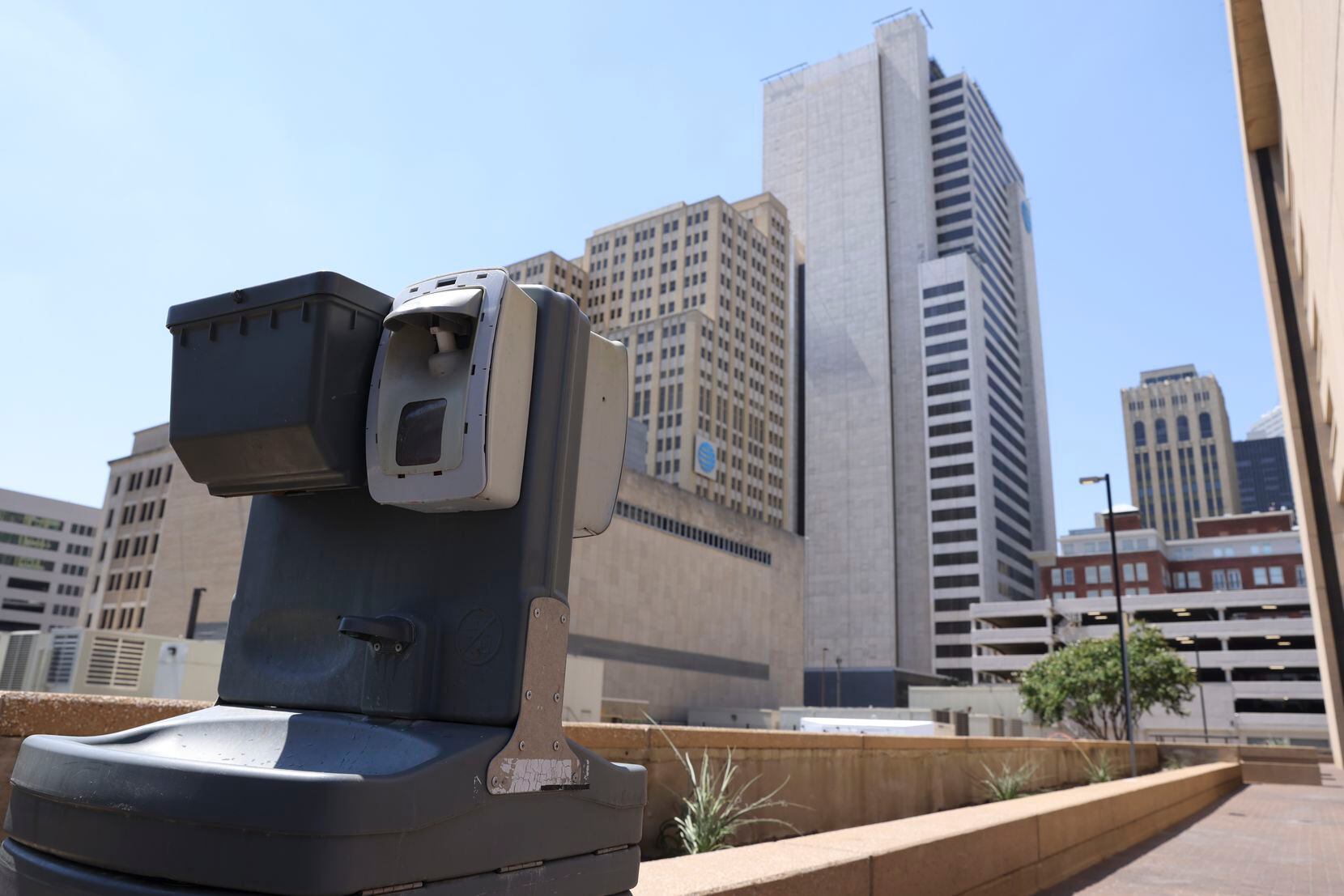 A hand washing station with running water downtown outside of J. Erik Jonsson Central...