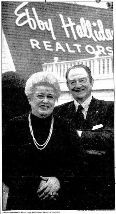 Ebby Halliday afgebeeld naast haar man, Maurice Acers.  Gepubliceerd in The Dallas Morning News, 25 september 1983.