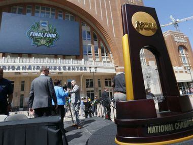 The 2017 NCAA women's basketball national championship trophy is seen at the 2017 Final Four logo unveiling ceremony at American Airlines Center in Dallas, Saturday, March 26, 2016. The 2017 NCAA Women's Final Four will be held in Dallas.