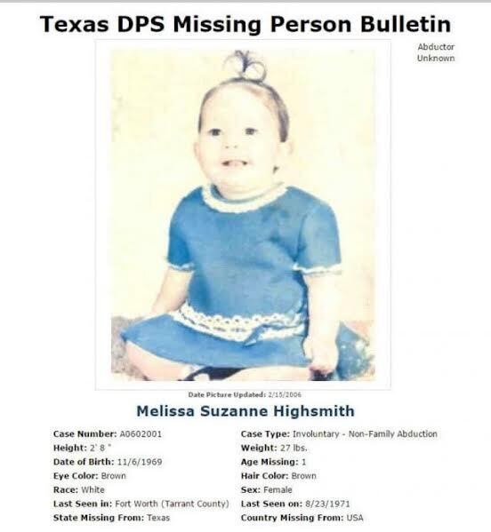 El poster de niña secuestrada publicado hace más de cinco décadas en Fort Worth por Melissa...