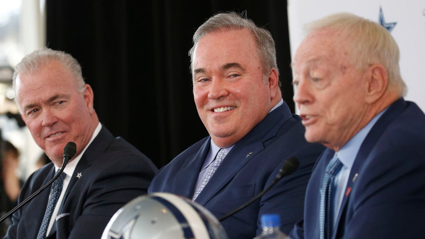 Dallas Cowboys executive vice president Stephen Jones and Dallas Cowboys new head coach Mike...