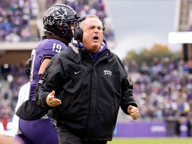TCU Horned Frogs head coach Sonny Dykes shows his disgust for the officials as his offense...