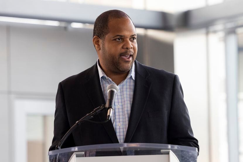 Dallas Mayor Eric Johnson speaks during a press conference at DFW International Airport in...