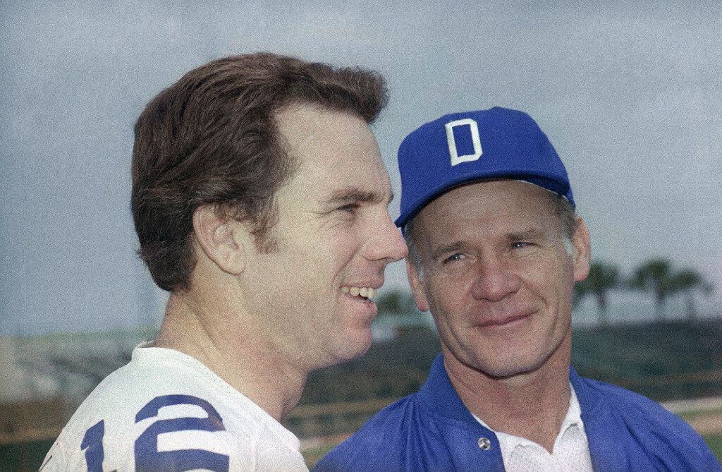 Dallas Cowboys quarterback Roger Staubach with coach Tom Landry in a January 1979 photo. 