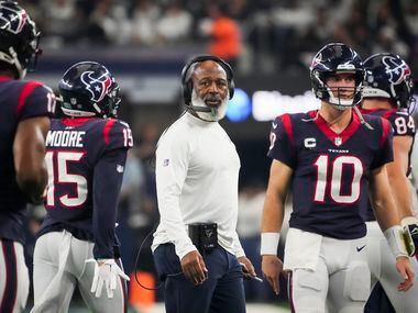 Houston Texans head coach Lovie Smith looks on from the sidelines during the first half of...