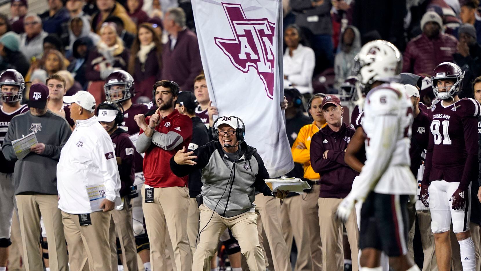 Texas A&M coach Jimbo Fisher yells to his players during the second half of an NCAA college...