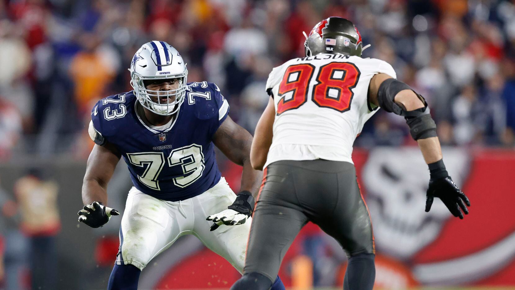 Dallas Cowboys offensive tackle Tyler Smith (73) faces off against Tampa Bay Buccaneers...