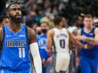 Dallas Mavericks forward Tim Hardaway Jr. sticks out his tongue as he leaves the court after a victory over the Sacramento Kings in an NBA basketball game at American Airlines Center on Sunday, Oct. 31, 2021, in Dallas.