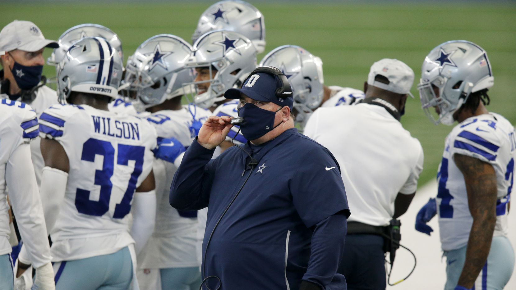 Dallas Cowboys head coach Mike McCarthy is pictured on the sideline after his team scored a...