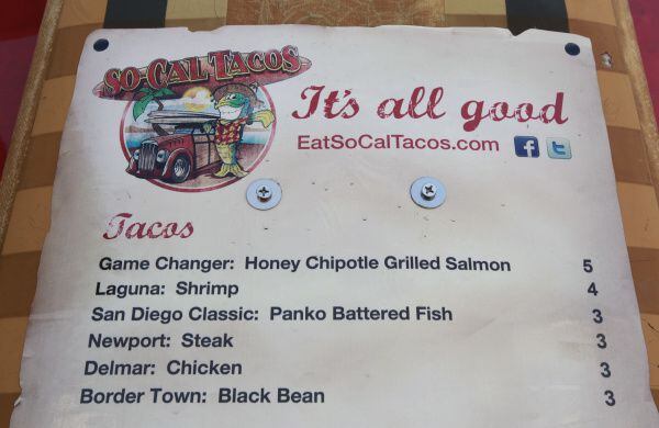 Part of the menu at the So-Cal Taco Truck in the parking lot at Bear Creek Spirits and Wine...