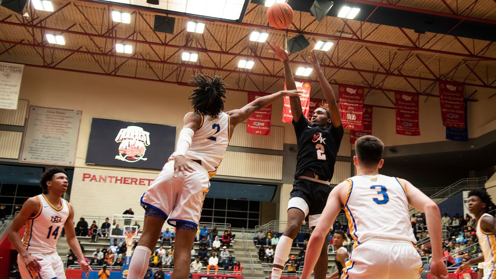 Kimball senior Arterio Morris (2) shoots a fadeaway jump shot during Kimball's Thanksgiving Hoopfest game against North Little Rock at Sandra Meadows Memorial Arena in Duncanville, Texas on Friday, November 26, 2021. (Emil Lippe/Special Contributor)