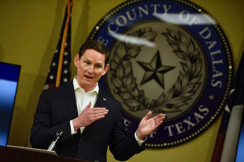 Dallas County Judge Clay Jenkins speaks during a press conference for a COVID-19 update at...
