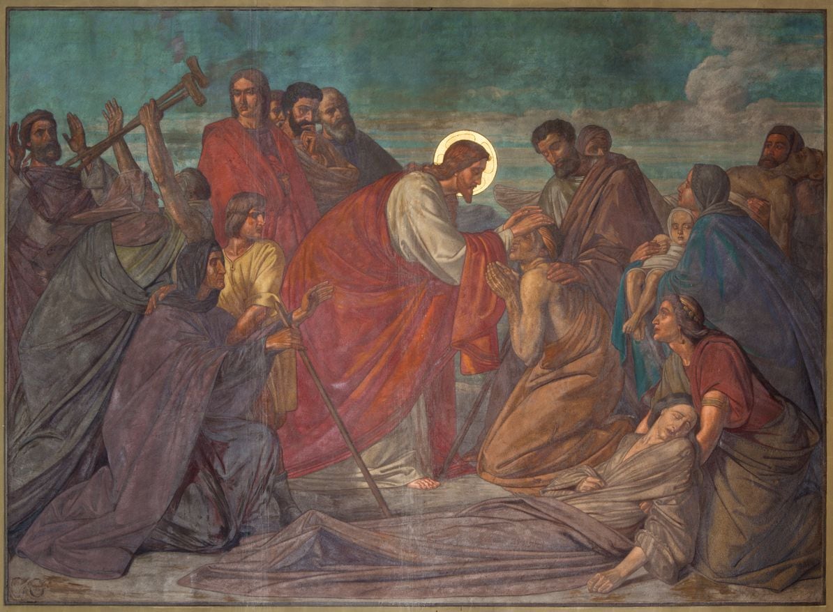 A 19th century fresco of Jesus healing the sick in St. George's church in Antwerp