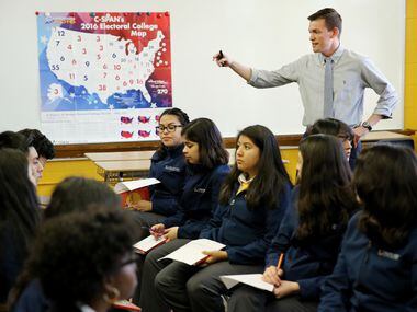 World literature teacher Tim Woodward instructs in his classroom at Cristo Rey Dallas...
