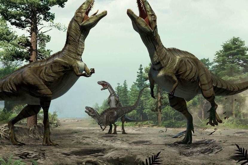 Esta ilustración recrea un ritual de apareamiento de los dinosuarios basado en evidencia de...