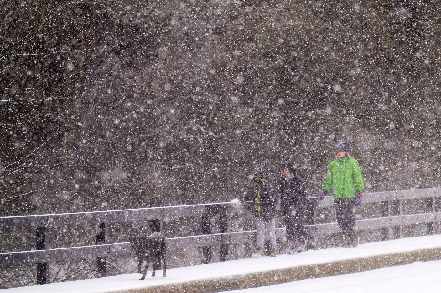 People walks across a bridge at in Prairie Creek Park as a winter storm moves into...