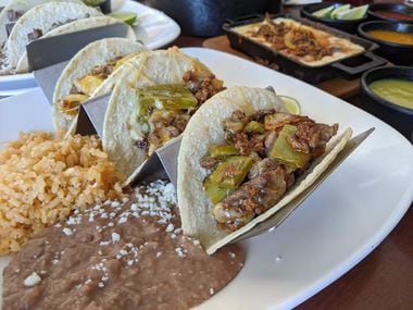 Tacos molcajetes are a namesake specialty at Los Molcajetes. The excellent taco trio features beef, potatoes and nopales.
