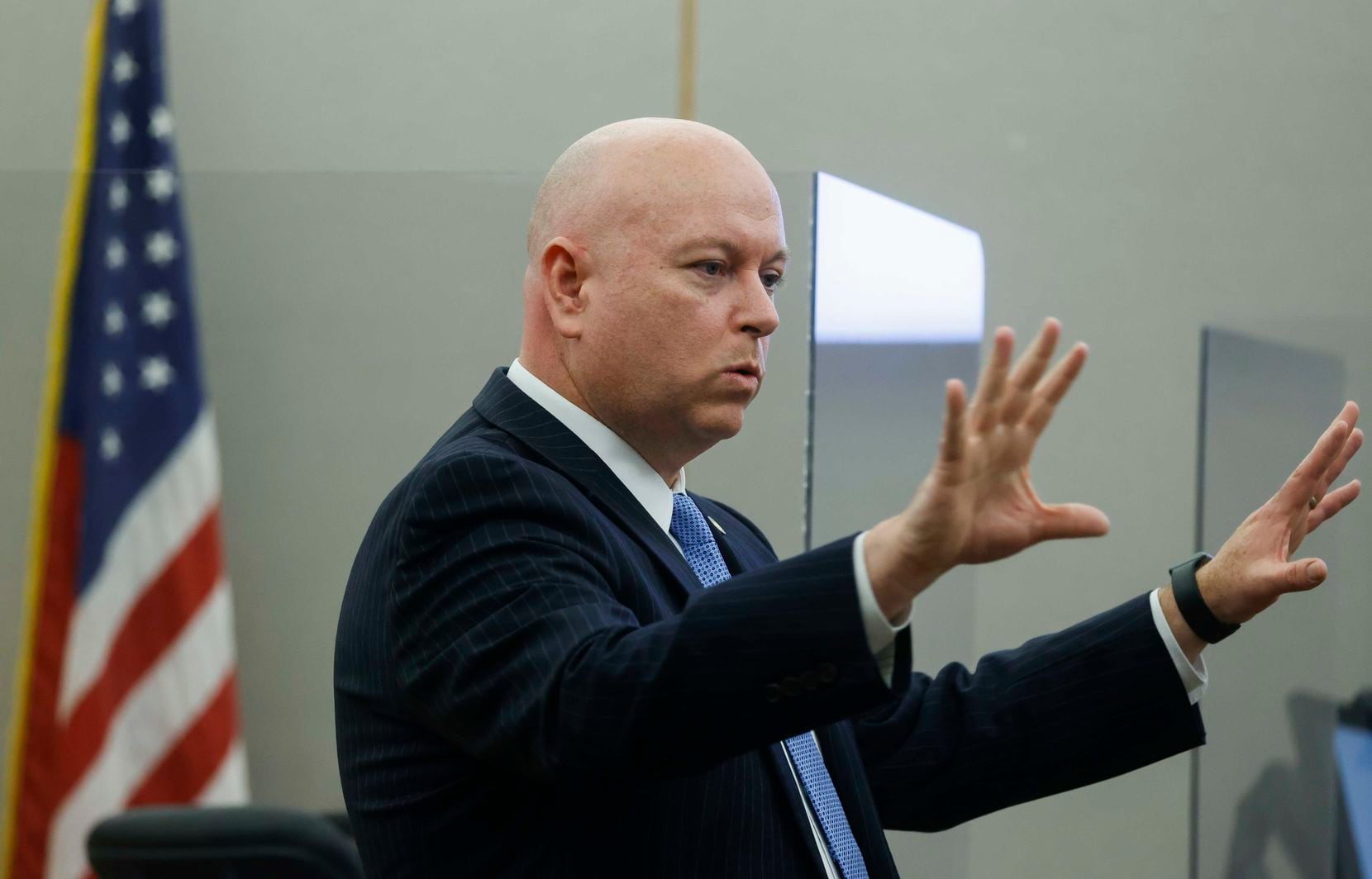 Prosecutor Glen Fitzmartin, delivers his opening statement to the jury during the retrial of...