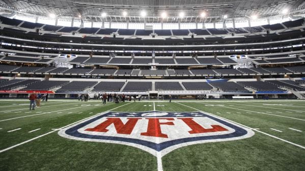 The NFL logo, painted at mid field on January  27,  2011 at Cowboys Stadium in Arlington.