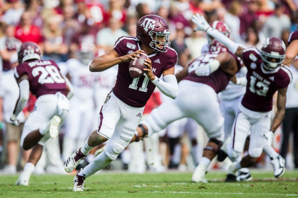 Texas A&M Aggies quarterback Kellen Mond (11) runs the ball during the first quarter of a college football game between Texas A&M and Alabama on Saturday, October 12, 2019 at Kyle Field in College Station, Texas. (Ashley Landis/The Dallas Morning News)