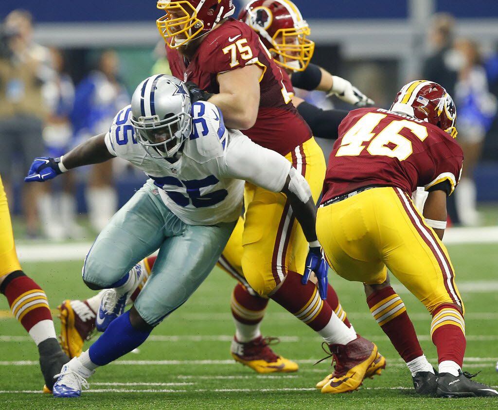 Dallas Cowboys middle linebacker Rolando McClain (55) gets past Washington Redskins offensive guard Brandon Scherff (75) in the first half at AT&T Stadium in Arlington, Texas, Sunday, January 3, 2016. (Tom Fox/The Dallas Morning News)