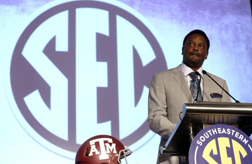 Texas A&M coach Kevin Sumlin speaks to the media at the Southeastern Conference NCAA college football media days, Tuesday, July 14, 2015, in Hoover, Ala. (AP Photo/Butch Dill) 08142015xPUB