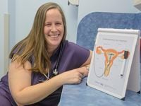 Pediatric OB/GYN doctor Shanna Combs with a diagram describing how an IUD is inserted in one...