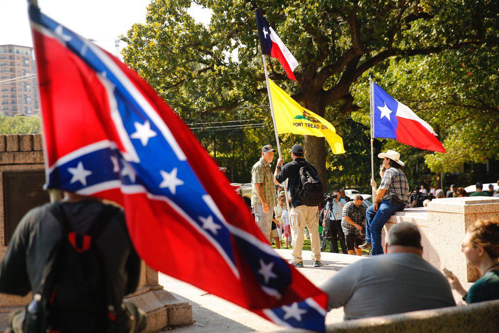 People gathered for the This Is Texas Freedom Force protest Saturday over the removal of the...