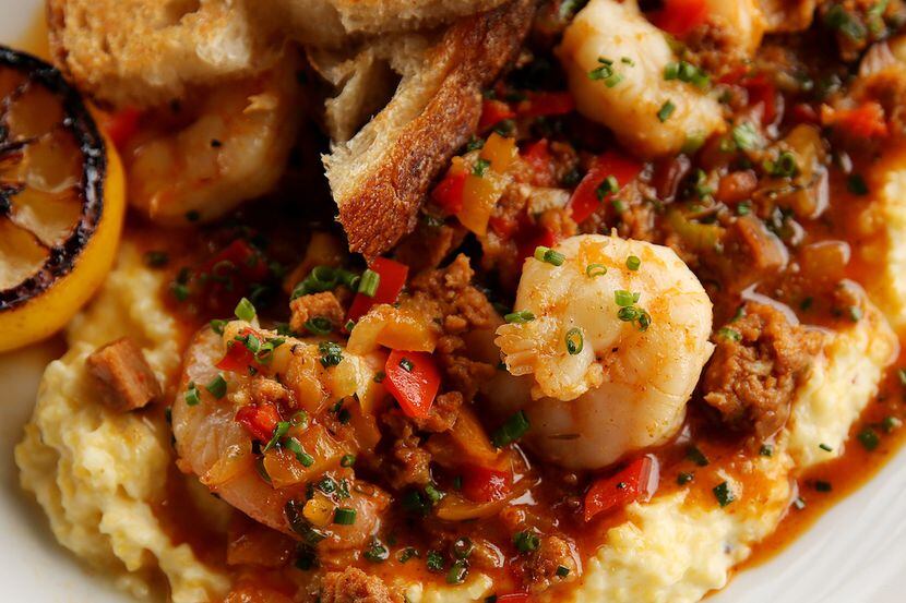 Low Country shrimp and grits served inside Tupelo Honey restaurant in Frisco