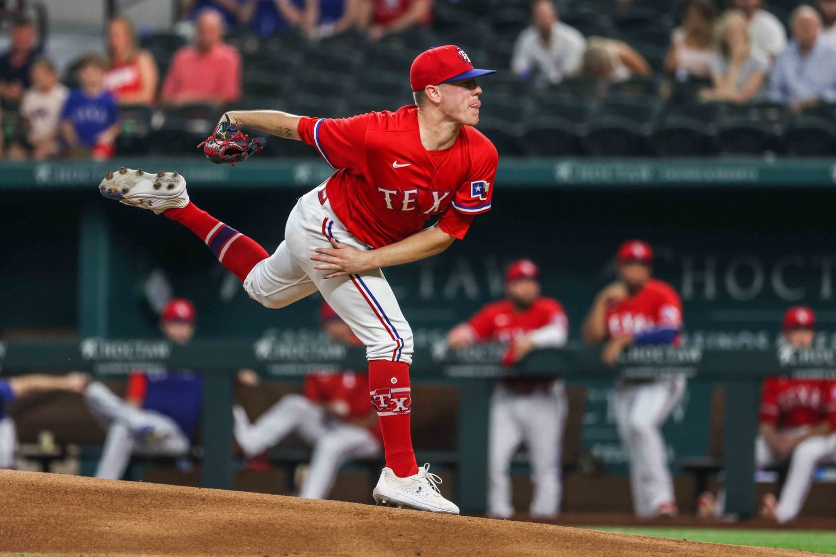 Texas Rangers pitcher Kolby Allard (39) throws during the first inning against the Seattle Mariners at Globe Life Field in Arlington, Texas, Friday, July 30, 2021. (Lola Gomez/The Dallas Morning News)