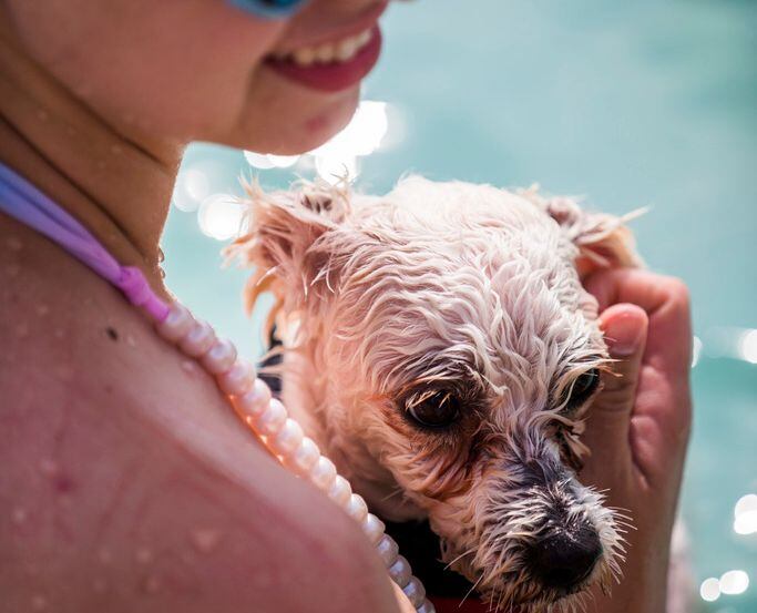 Bailey Turner holds Milo during a doggy pool party.