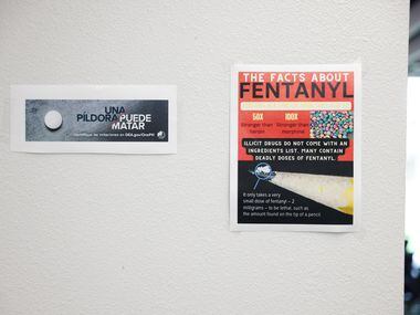 A poster about fentanyl is displayed in a hallway at R.L. Turner High School in Carrollton...