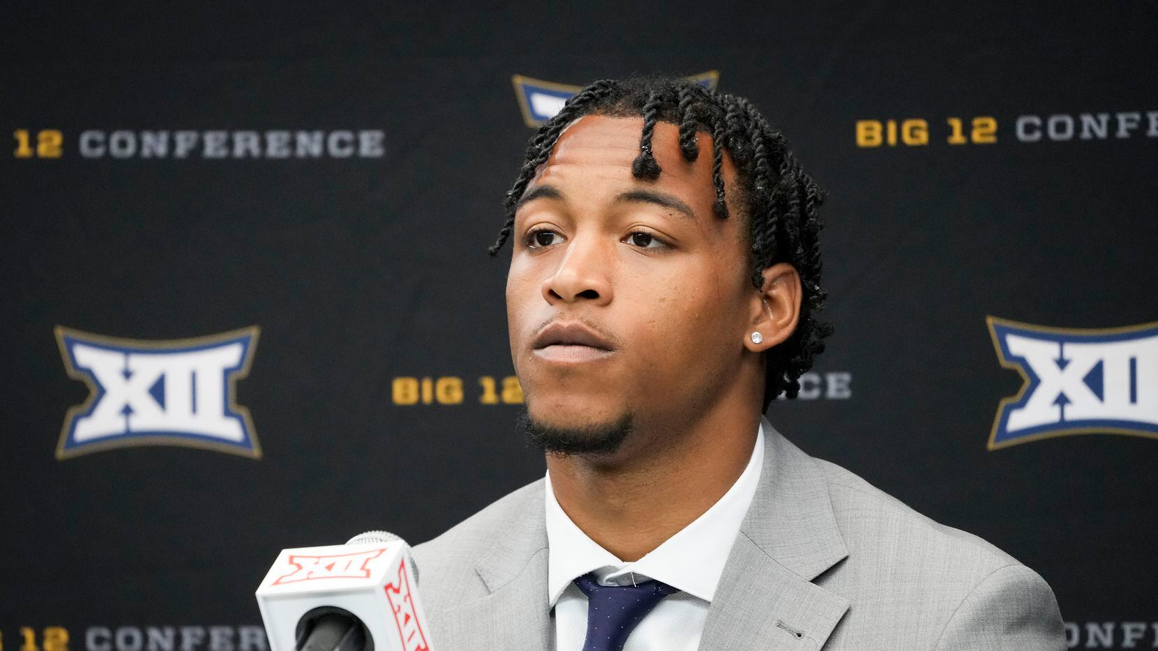 West Virginia defensive back Charles Woods speaks to reporters during the Big 12 Conference...