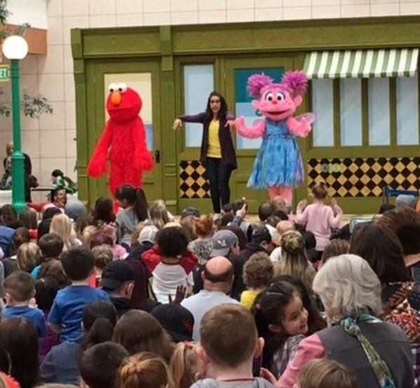 Elmo, Dani and Abby Cadabby during a Sesame Street: F is for Friends Pop-Up Tour stop