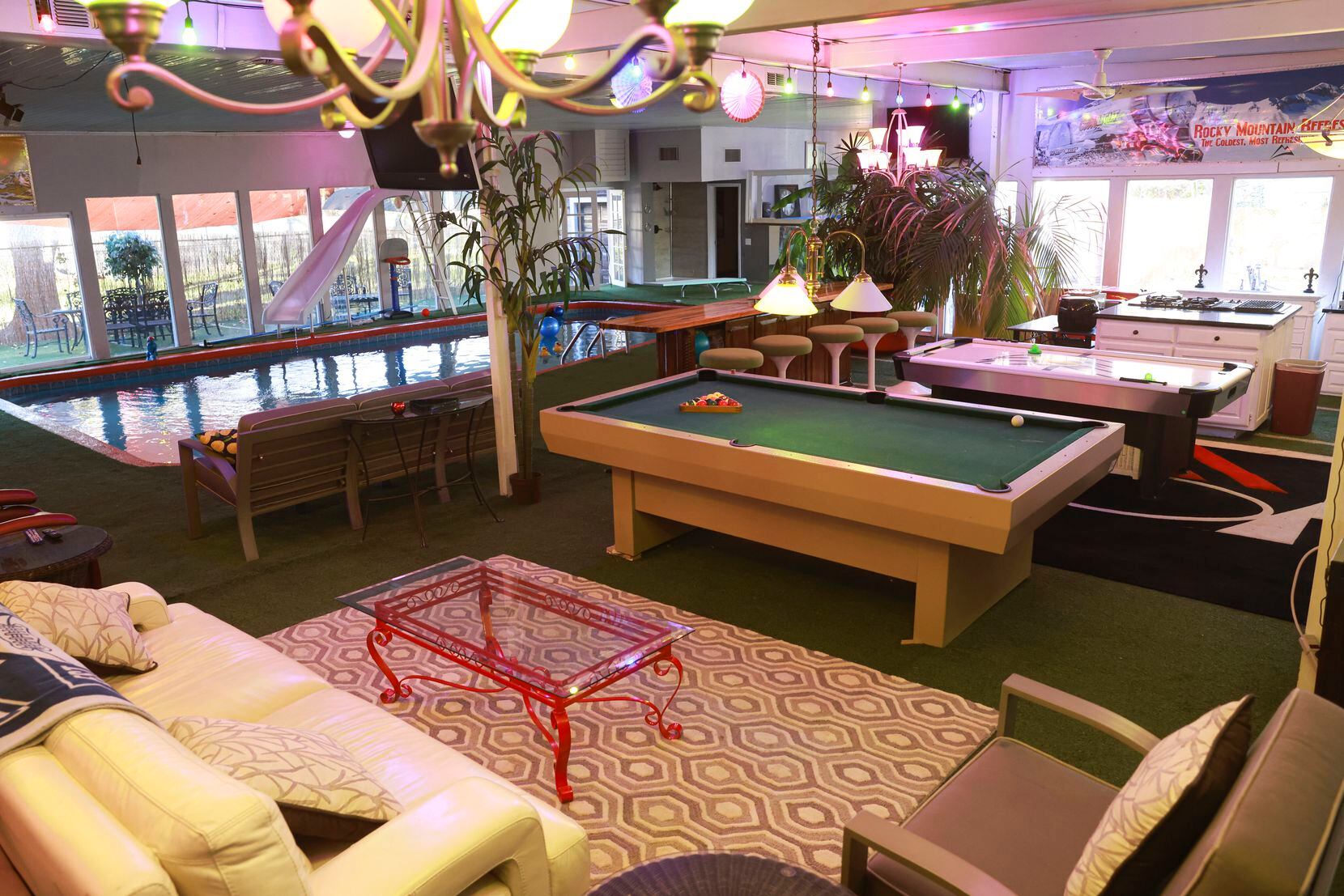 The enclosed area in the back of Jimmy Bradley's Fort Worth house includes plenty of games...