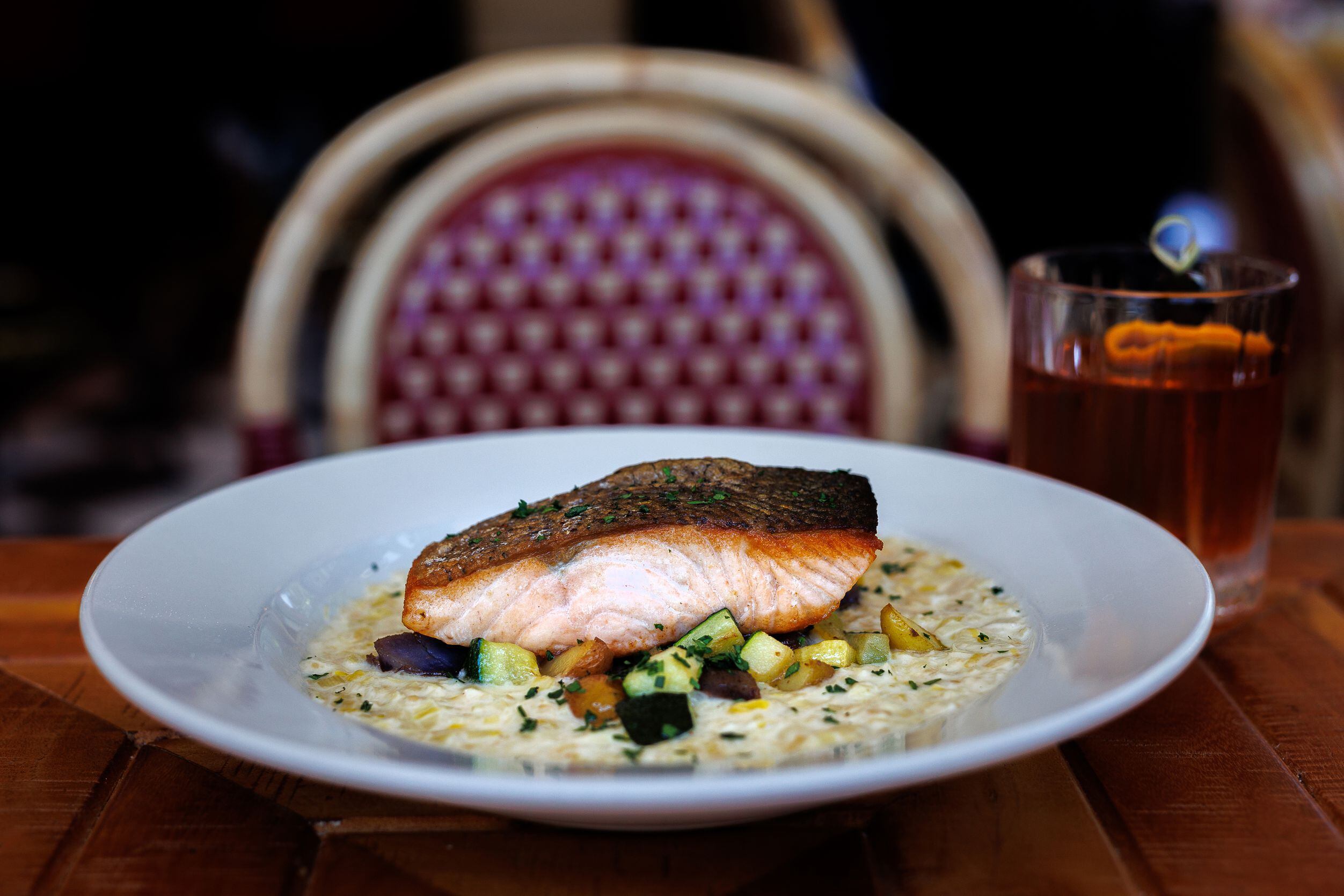 Pan roasted salmon with an old fashion at Walloon’s Restaurant in Fort Worth, TX on Sunday...